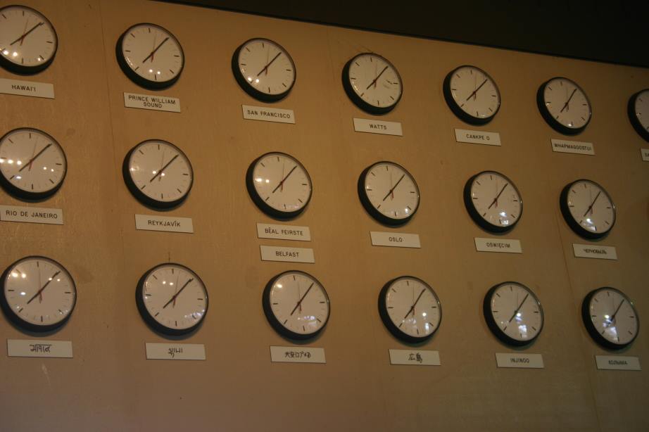 Wall of clocks set to the same time